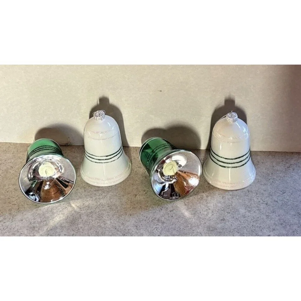 5 Hand Painted Glass Bells & 1 Gold Filigree Ball Christmas Ornaments Glitter
